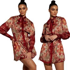 Aria Cove Printed Smocked Puff Sleeve Button Down Dress